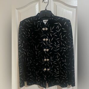 Womens Vintage JBS LTD Velour Black Jacket Mandarin Metal LeafClosure Glitter 12